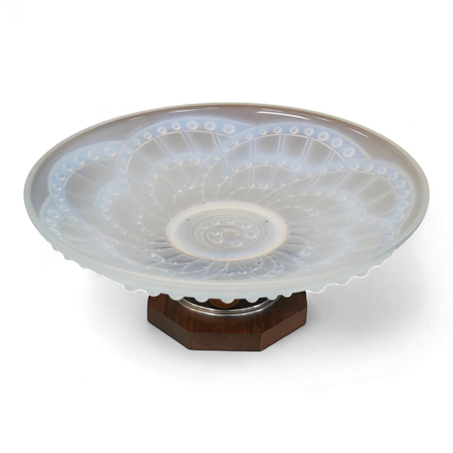J Landier, a French Art Deco opalescent glass bowl on wooden pedestal base, 35cm in diameter